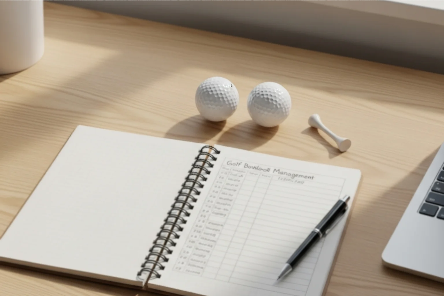 Anteckningsblock med spelplan och pennor på ett skrivbord bredvid golfbollar